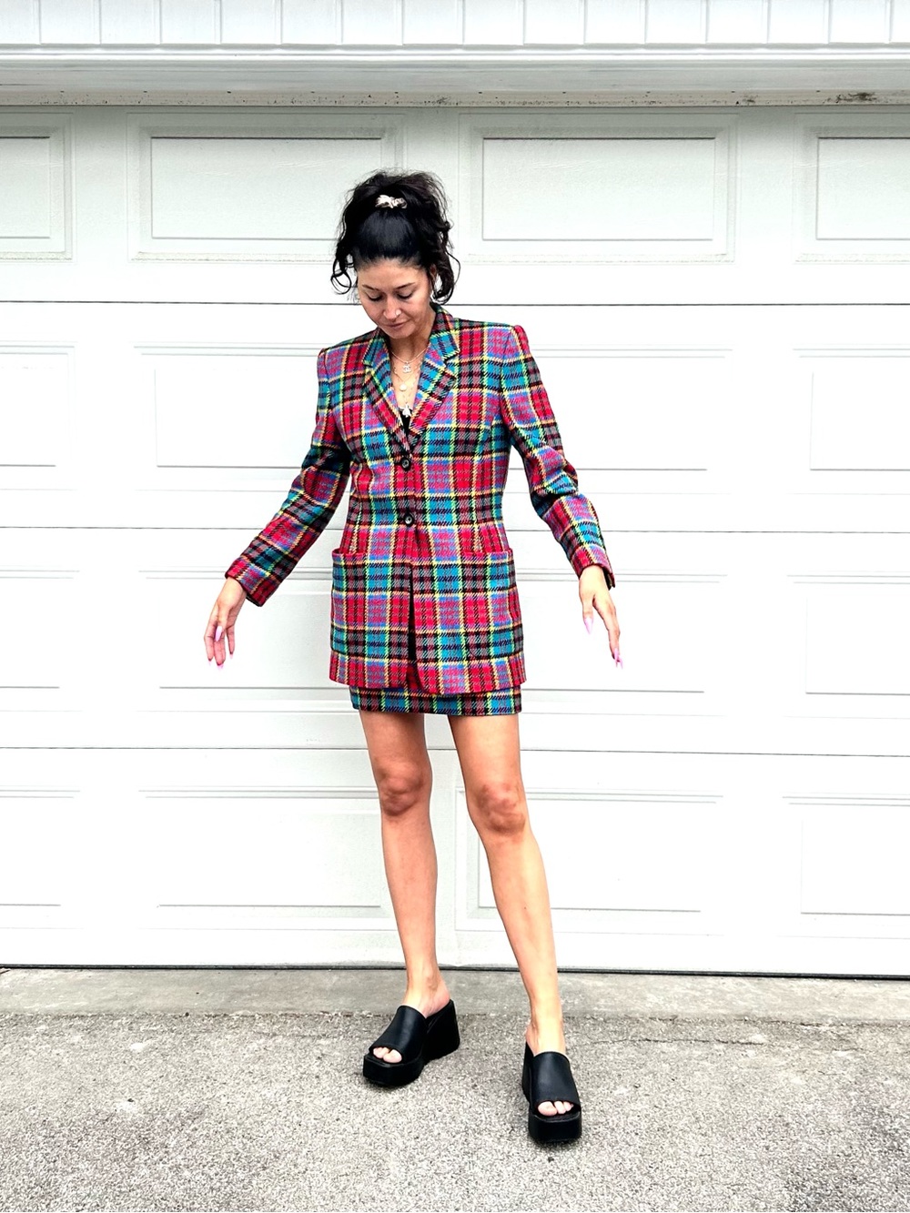 Vintage 90s Plaid Mini Skirt & Jacket Suit Set Light Wool Red Blue